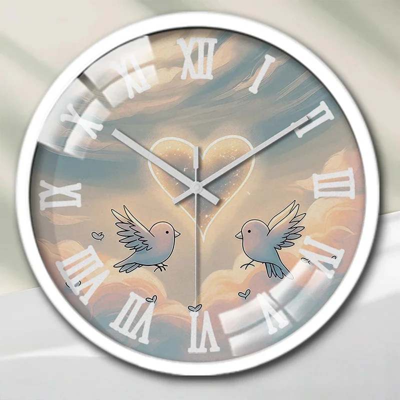 Loving Pigeon Cartoon Round Silent Hanging Wall Clock, Suitable For Living Room, School, Study Room, Bedroom, Children's Gifts