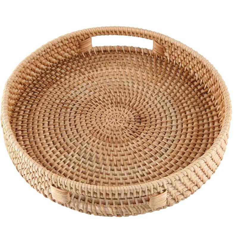 

3X Round Rattan Serving Tray Decorative Woven Ottoman Trays With Handles For Coffee Table Natural(Small)