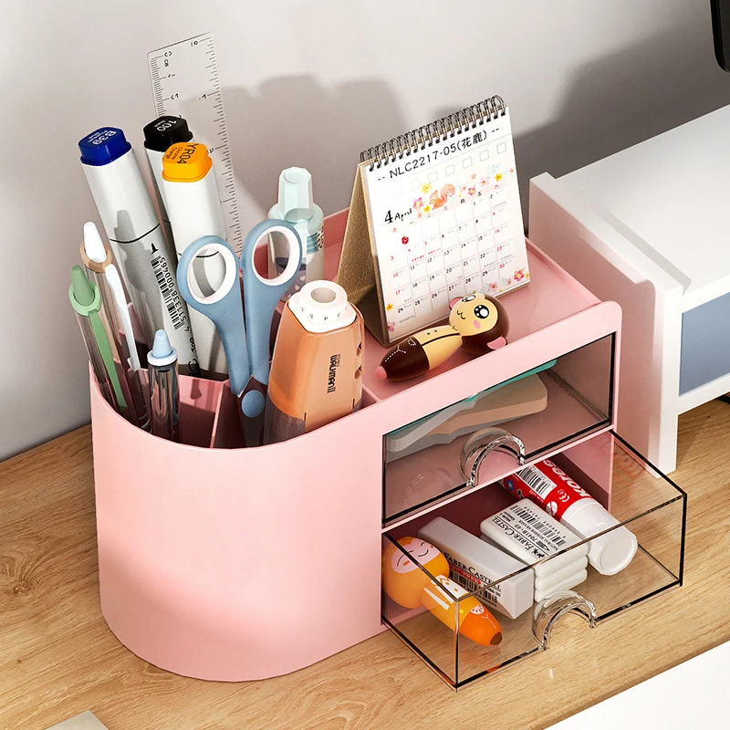 Simple Pen Holder With Drawer Multifunction Desktop Organizer Stationery Storage Box Student Office Desk