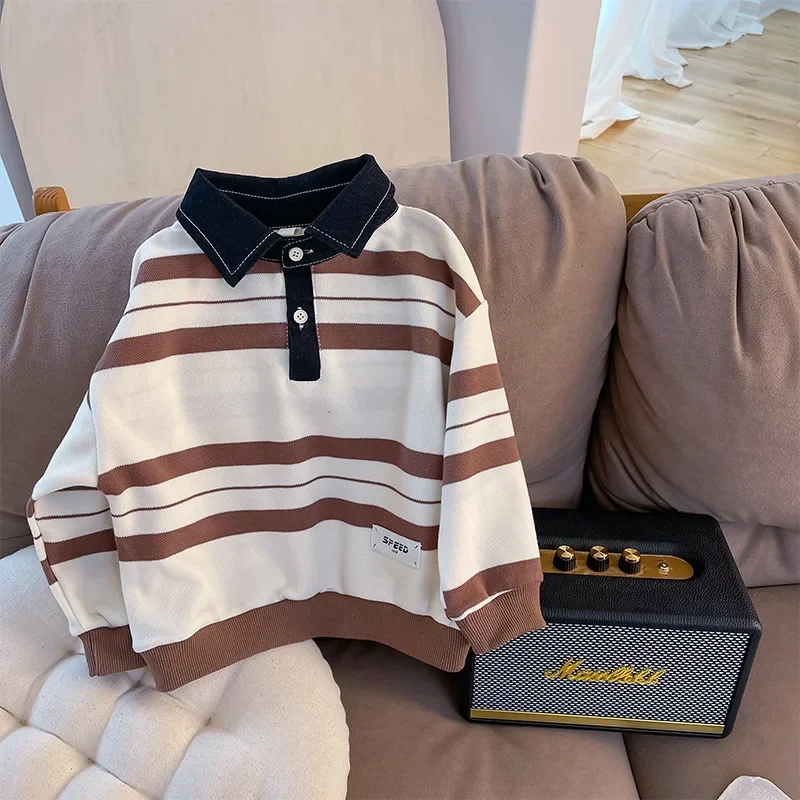 Boys' Lapel Sweater 2023 Spring and Autumn New Children's Striped Casual Polo Shirt Little Children's Clothing Trendy Top