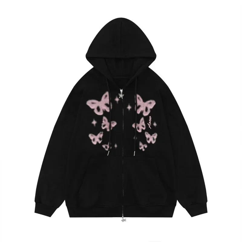 Black Gothic Chic Zipper Sweatwear Coat Women Clothing Hooded Top Lace-up Butterfly Print Sweet Y2k Hoodies Long Sleeve