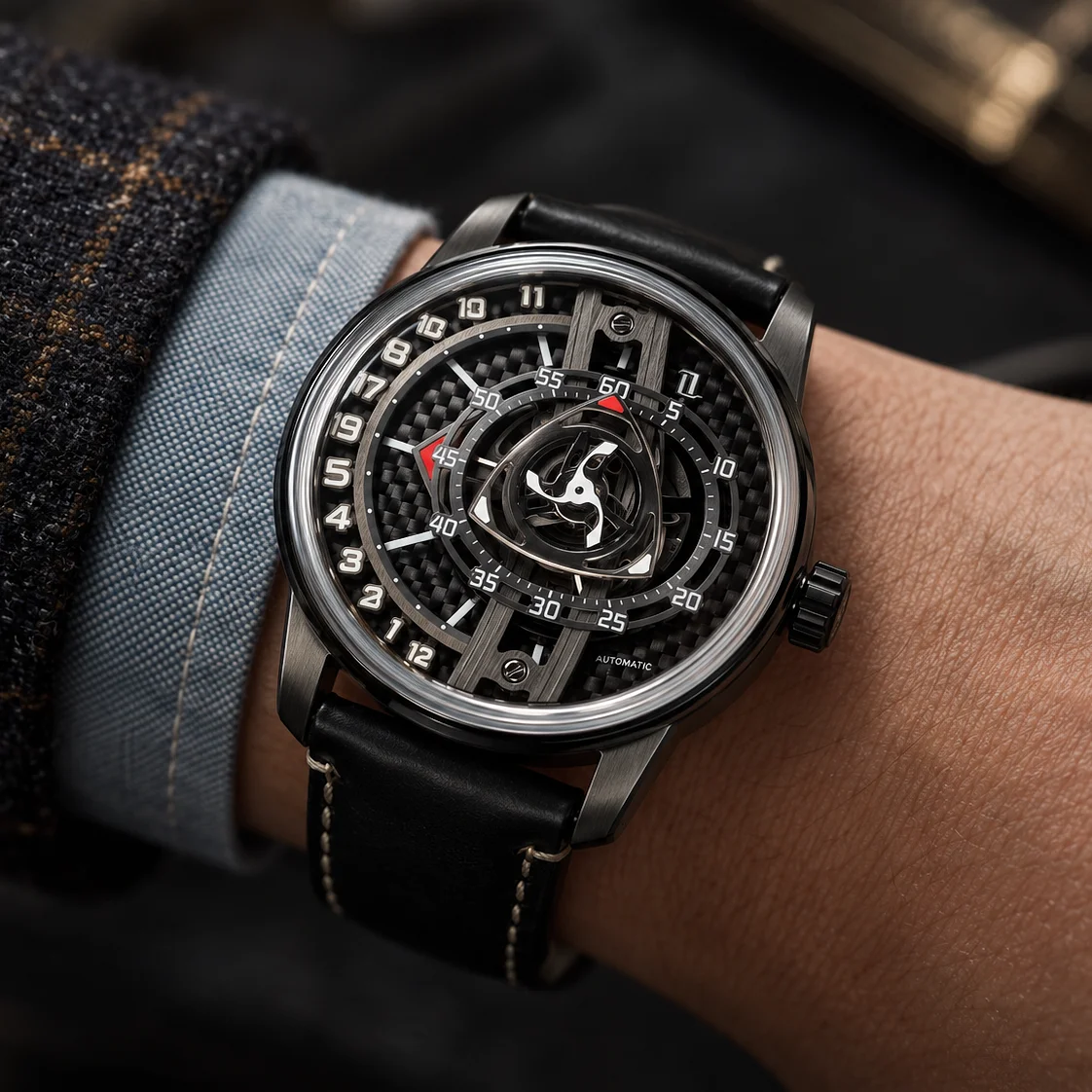 OBLVLO Men's Black PVD Forged Carbon Dial Automatic Watch Luminous Black Leather Strap Waterproof Fashion Timepiece JM-ROTOR