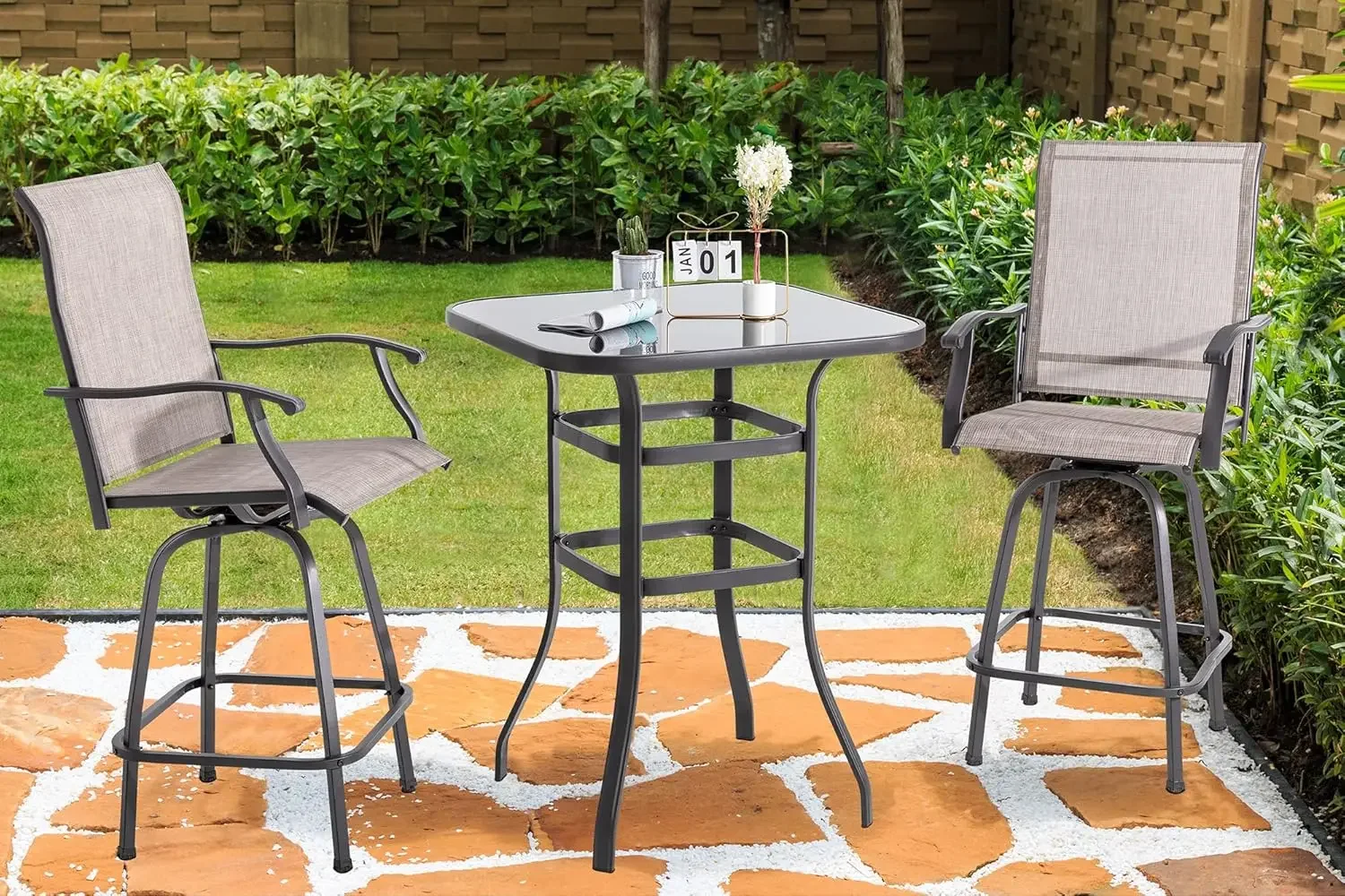 Best Selling Patio Revolving Bar Set, All Weather Textile Outdoor Bar Stool Bistro Set with 2 Bar Chairs and Glass Table