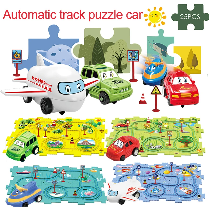 Children Puzzle Electric Railroad Speeder DIY Assembly Electric Car Automatic Rail City Scene Mini Road Signs Education Toy Gift