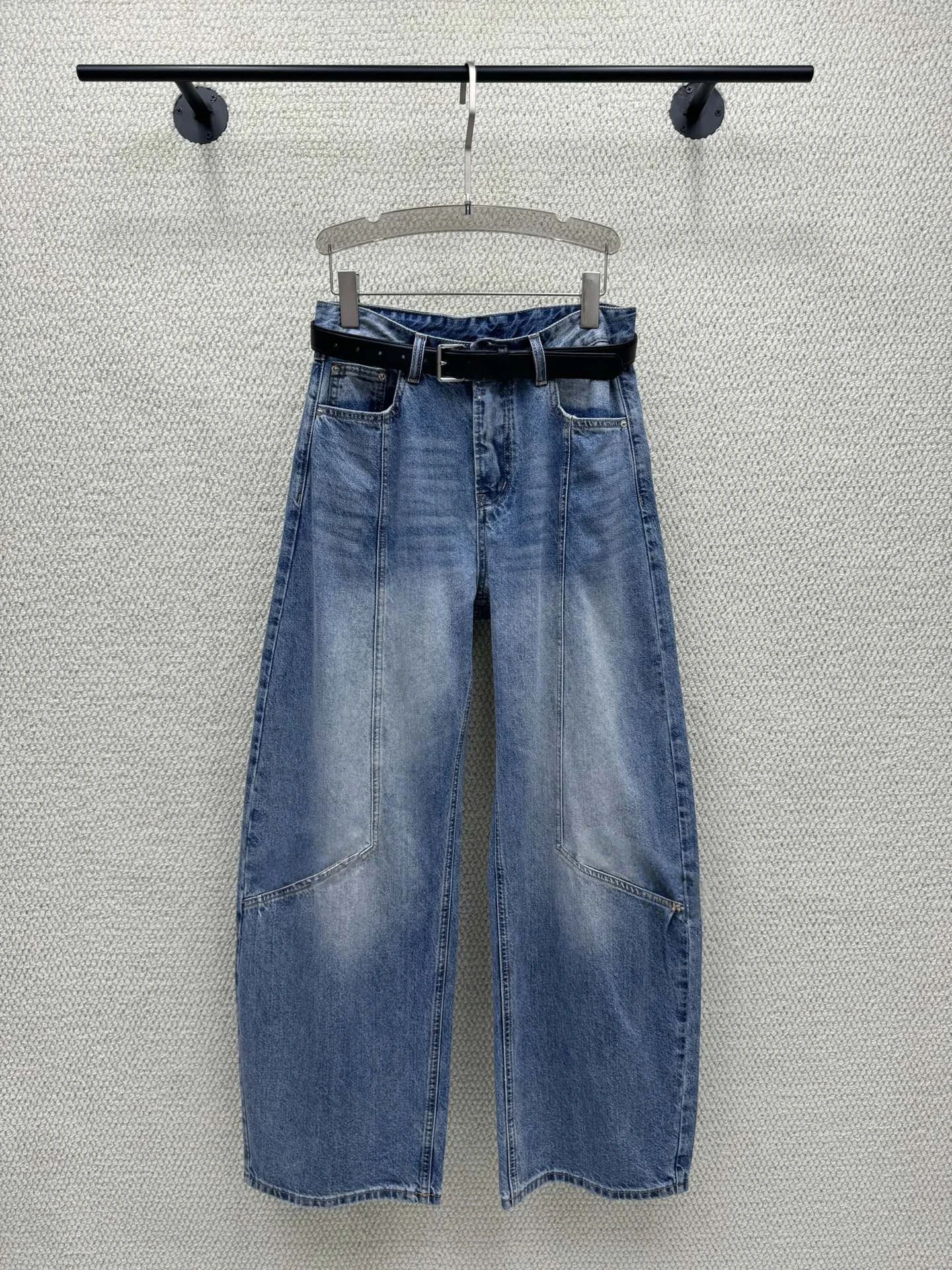 

Fashionable Women's Denim Jeans with Embossed Letter Logo And Scythe Retro Washed Casual High Waist Wide Leg Zipper Closure