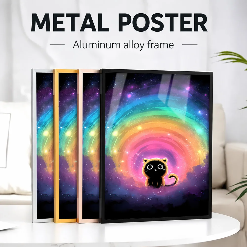 Cosmic Cat In Rainbow Vortex Galaxy Framed Metal Print Customized Photo Vibrant Nebula Style Wall Art For Study Collector Gift