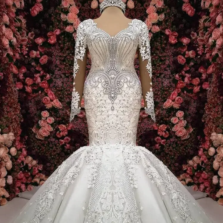 

Customized New Arrival White V Neck Applique Beaded Lace Girls Mermaid Wedding Dress Custom Made Bridal Bride Gown