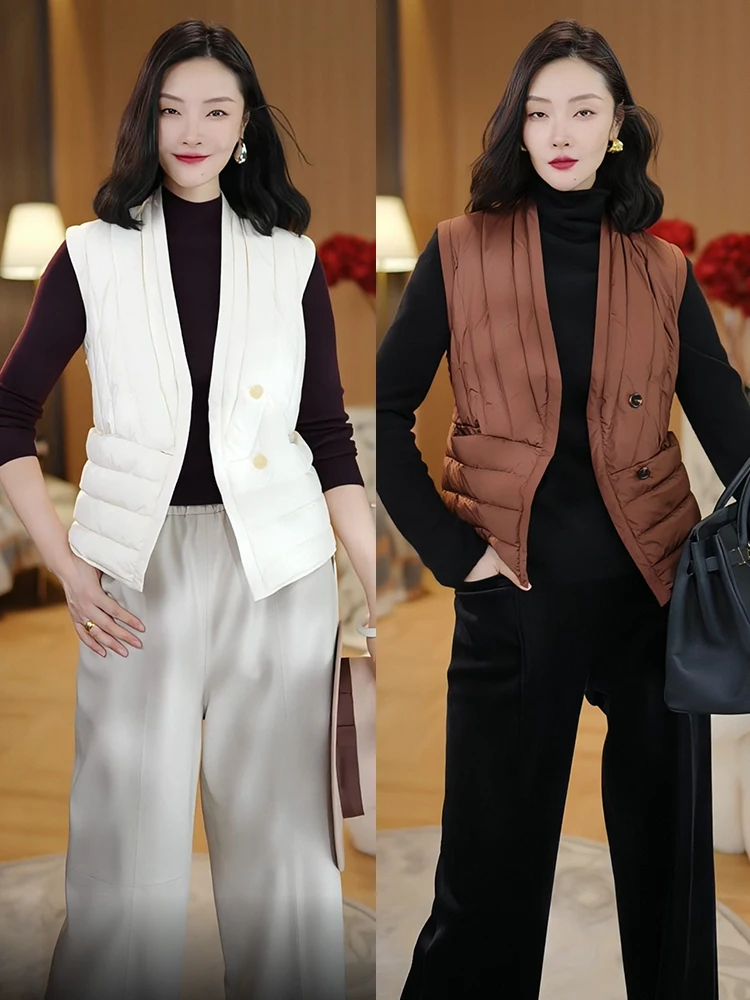 

Ele 90% белый жилет на гусином пуху, облегающий легкий жилет с подогревом и высоким воротником, удобный женский жилет из полиэфирного волокна