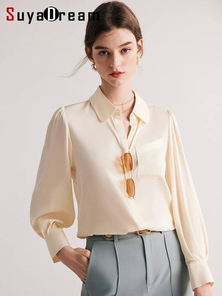 SuyaDream Damskie Koszule, Jednolite Kolory, Kieszeń na Piersi, Bufiaste Rękawy, Eleganckie Bluzki, 90% Jedwab 10% Spandex, Elegancki Top Wiosna-Lato 2026