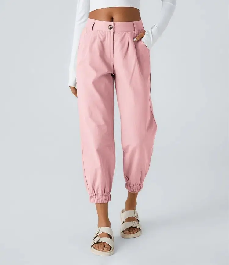 Mid Rise Zipper Cotton Joggers, Bolso lateral, Casual, Botão