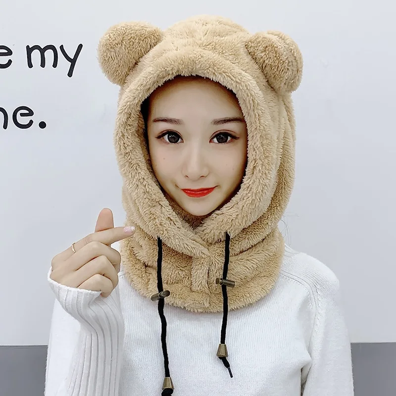 Winter Cute Cartoon Plush Bear Ears Children\'s Hat Balaclava Warm Hooded Hat Ear Protection Cap Windproof Thick Warm Neck Cover