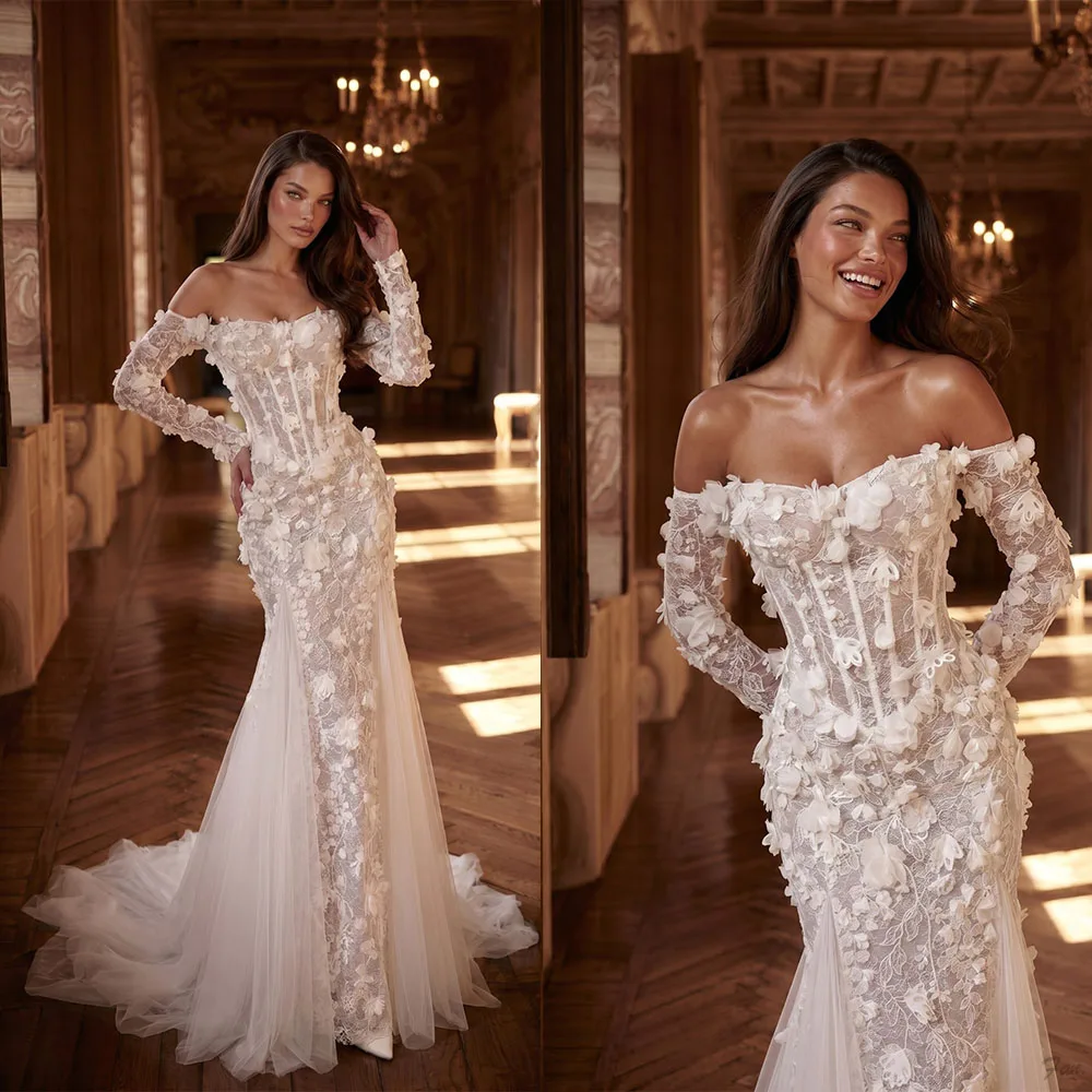 Romantic 3D Floral Mermaid Bridal Gown Off Shoulder Long Sleeve Wedding Dress Lace Sweep Train Customized Vestido De Novia