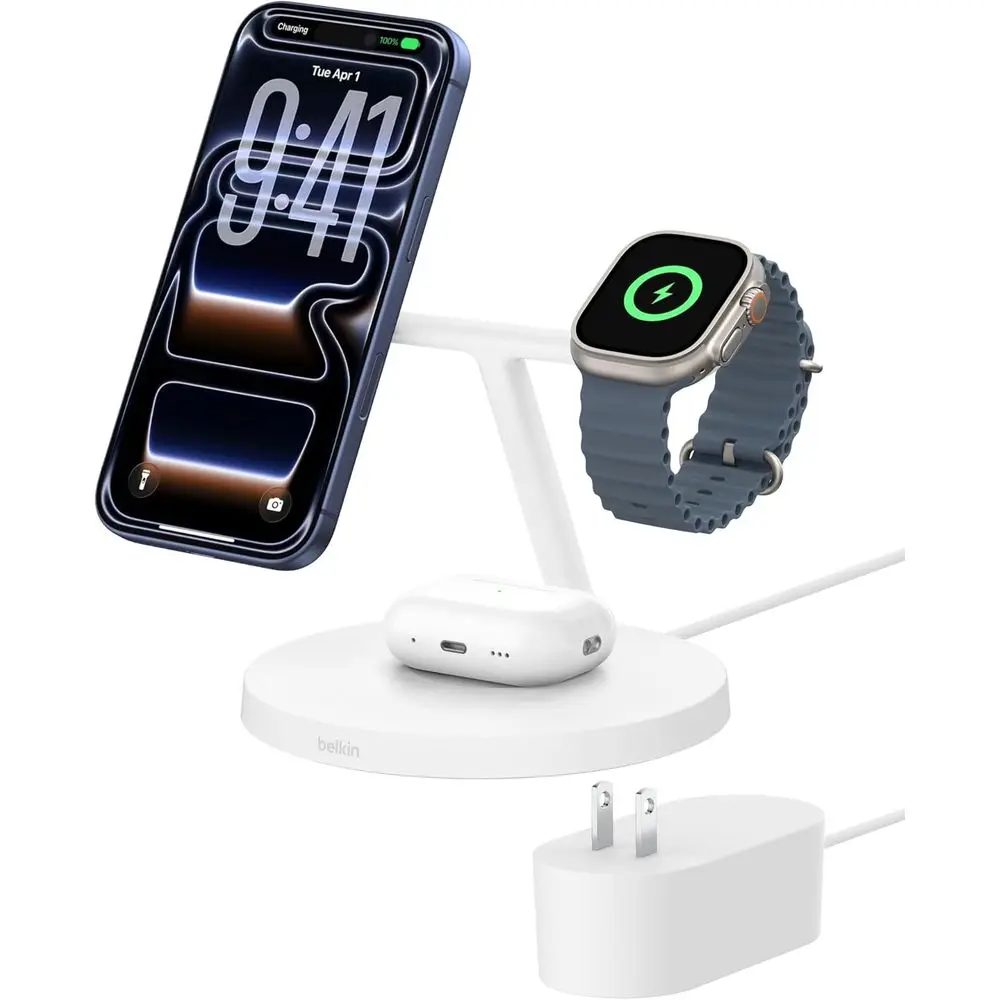 

Беспроводная зарядная станция 3-в-1, сертифицированная Qi, 15 Вт для iPhone 17 серии, Apple Watch, AirPods, с нескользящим основанием, адаптер 40 Вт в комплекте