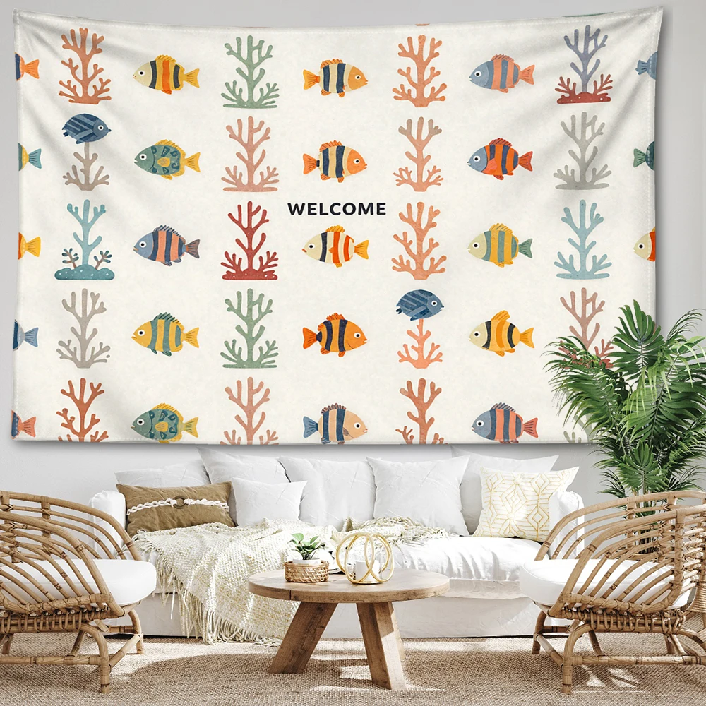Cream White Coral Tropical Fish Aligned Printed Tapestry Wall Hanging Bohemian Style Bedroom Home Decor