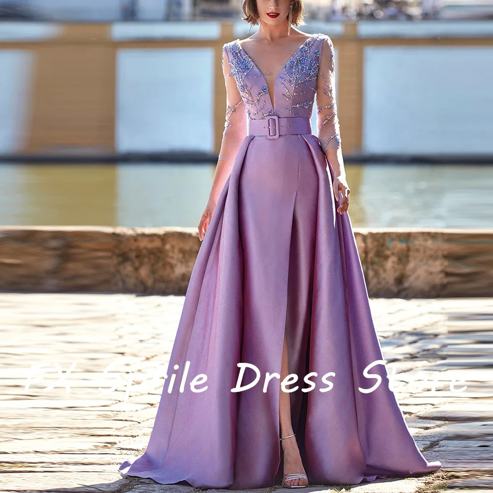 CustomizedV Neck A-Line Floor Length Satin Open Back Sweep Train Crystal Belt Solid Color Elegant Evening Dress	Bespoke Occasion
