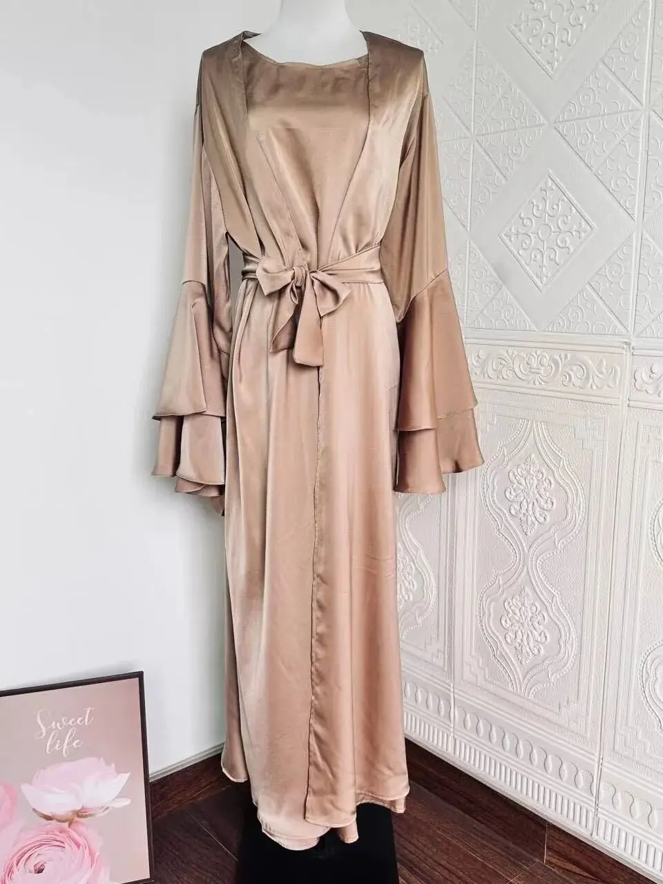 Ramadan Eid Djellaba Flare Sleeve Suits Abaya Dubai Two pieces Muslim Sets Abaya Turkey Muslim Islam Abayas With Belt WY1940