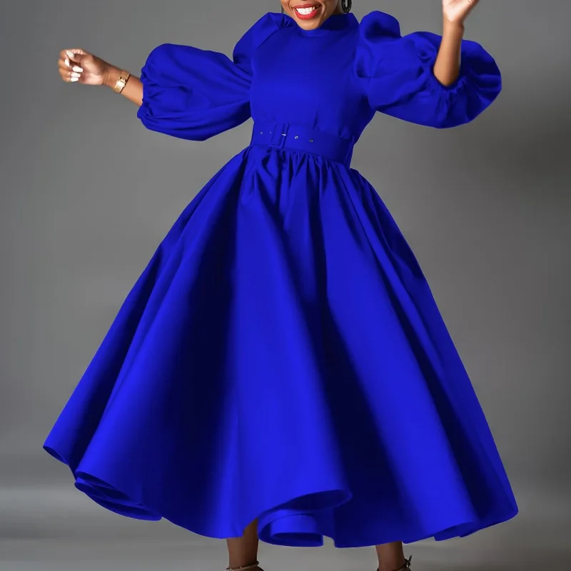 Puff Sleeve Elegant A-Line Pleated Dress Eevning Satin Fashion Wedding Guest Cocktail Long Dress Vintage Dress with Belt