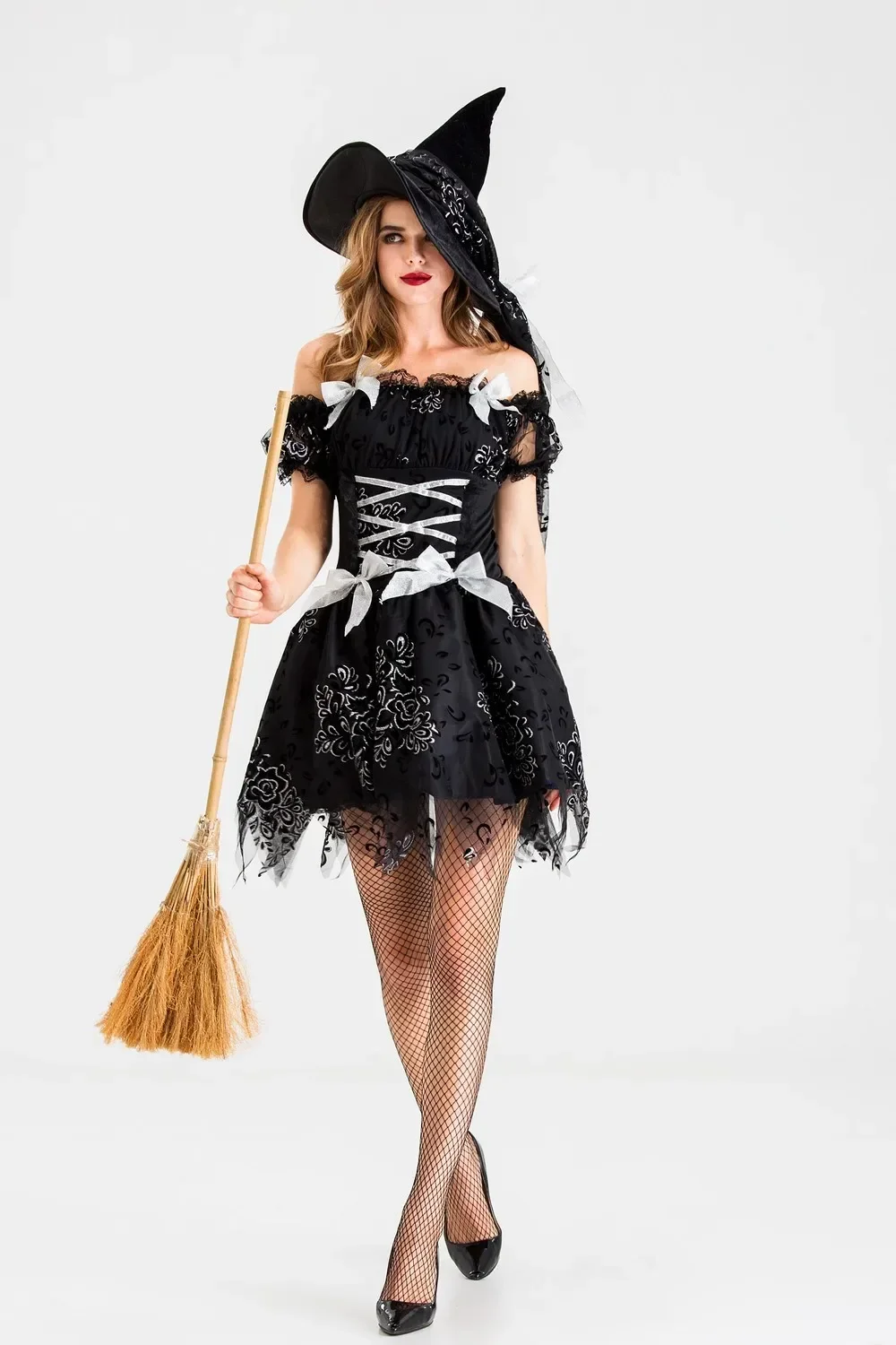 Adult Gothic Witch Costume Halloween Party Witch Costume Women Sexy Black Tulle Witch Dress+Hat