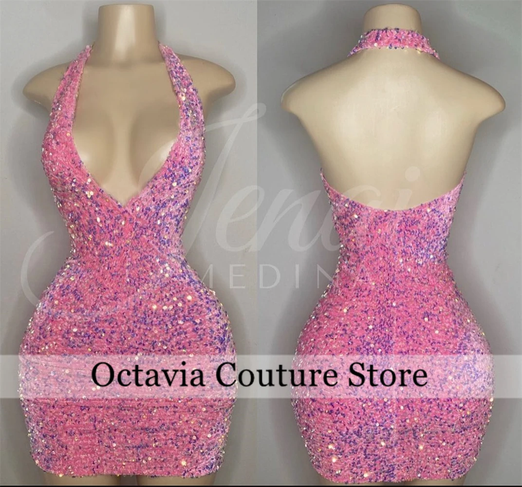 Pink Halter Short Prom Dresses For Black Girls Sequined 2024 Birthday Luxury Dress Mini Cocktail Homecoming Back Out Customzied