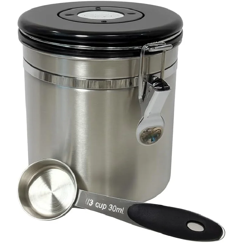 

Выравнивающий клапан углекислого газа, герметичный контейнер емкостью 1,5 л, мерная ложка для кофейных зерен, кофейная банка из нержавеющей стали с трекером даты