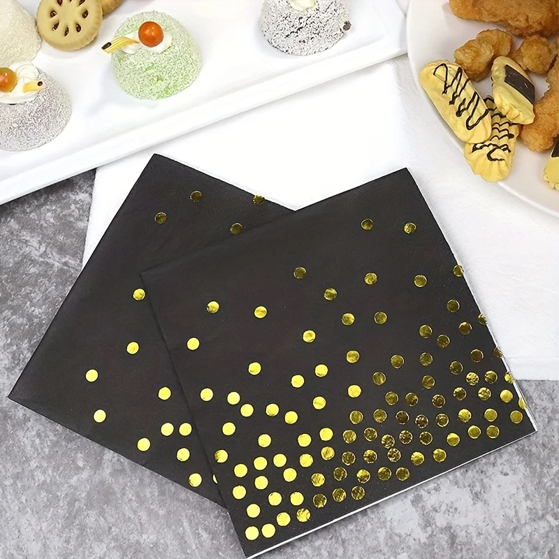 20/40/80 Packungen Weiße und Schwarze Papier-Cocktailservietten mit Goldfolie-Polka-Dots, Partyzubehör für Tischdekoration – Detail 9
