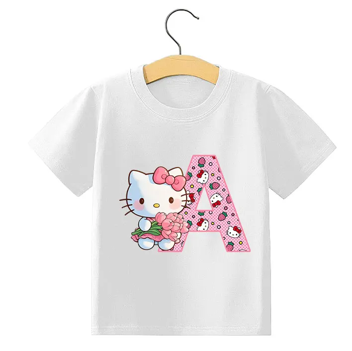 

Summer Hello Kitty A-Z Letter T-shirt Children Cute Cartoon Clothes Fashion Round Neck Clothing White Short Sleeve Kids Tee Top