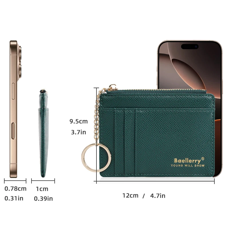 1Pcs/Baellerry Ultra-Thin Card Holder, Multiple Card Slots + Zippered Coin Pocket, with Keychain Lanyard, Portable Coin Purse