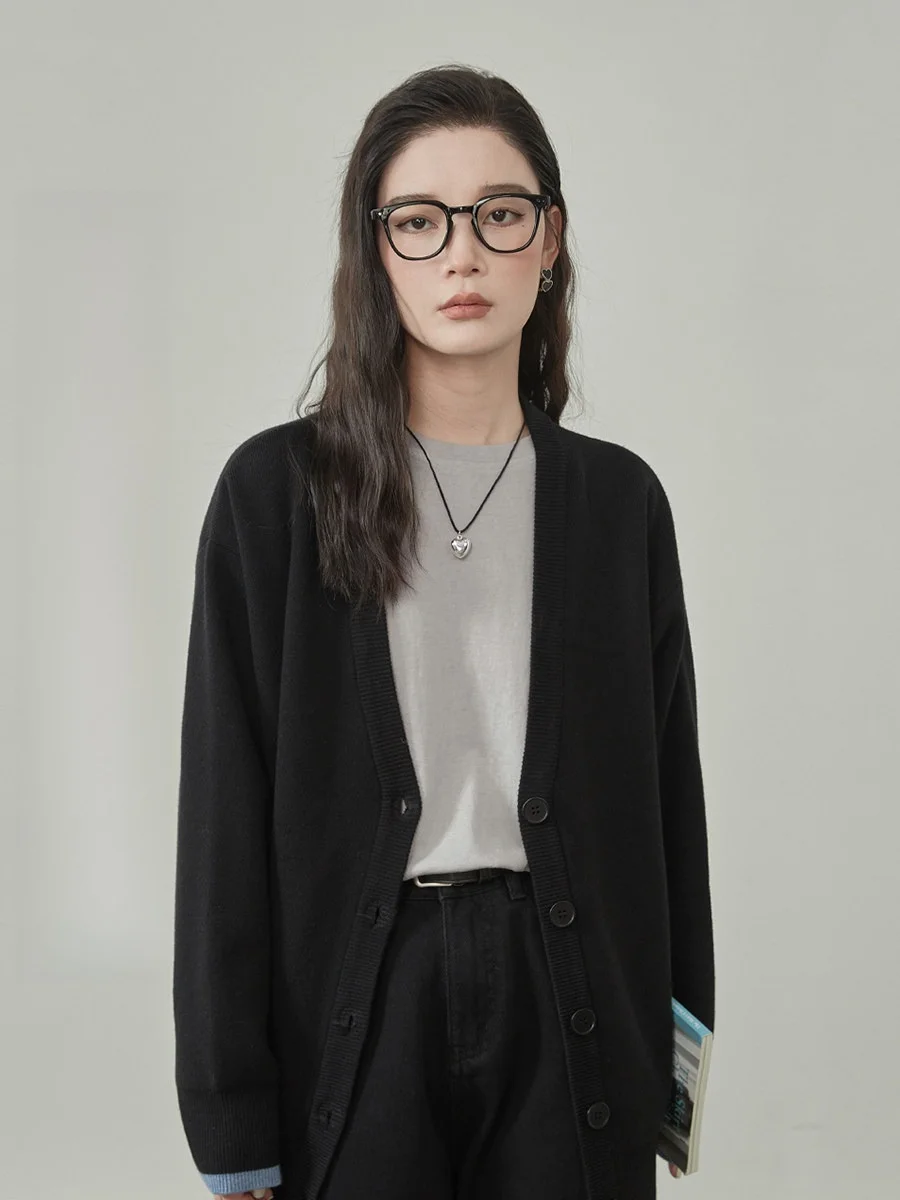 

Bla V-Ne Knitted Open Cardigan Women's Loose Fit Faionable Sweater Jaet Korean Sle Long Sve Regular Length