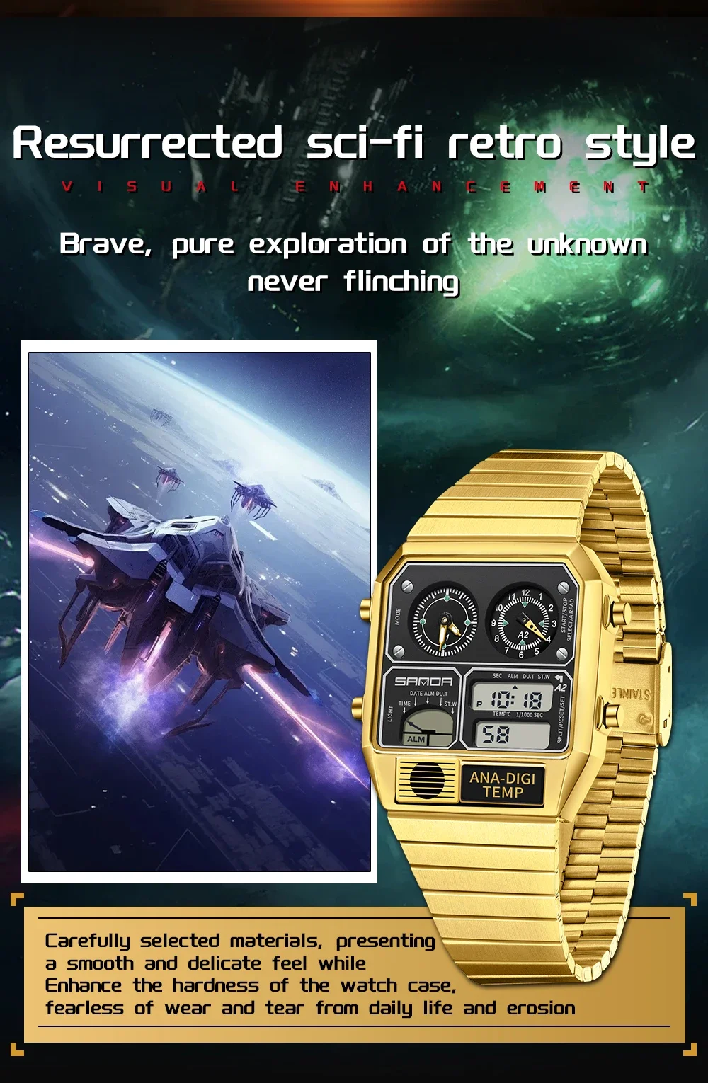 SANDA 3192 Quadratische elektronische Uhr für junge Männer, lässige multifunktionale Armbanduhr mit Thermometer, Stoppuhr, Chronograph – Detail 6