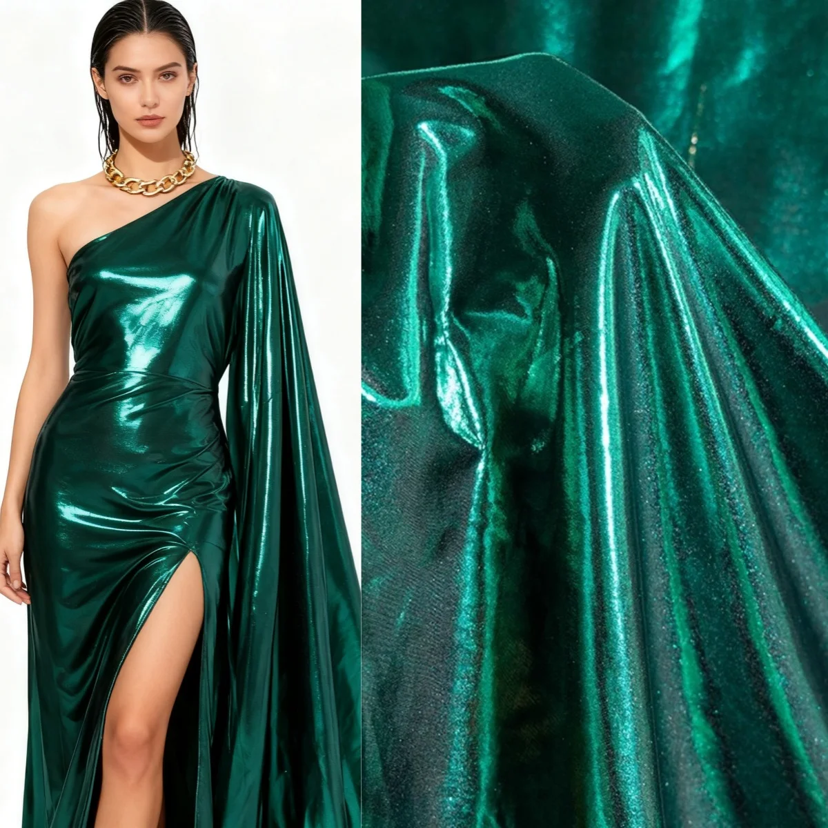 

Turquoise green micro elastic spandex glossy fabric DIY background decoration sewing fashionable skirt metallic fabric