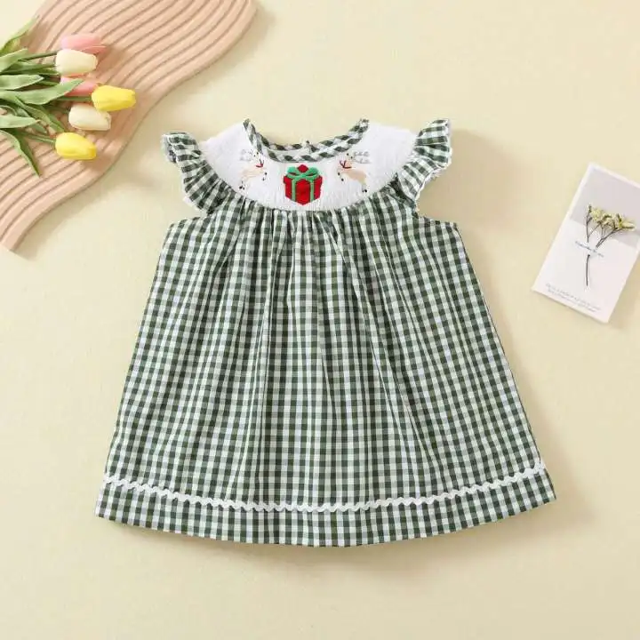 

2023 Christmas Spring Summber Smock Baby Girls Sibling Outfits Boutique Children Clothes Gift Print Smocked Green Lattice Dress