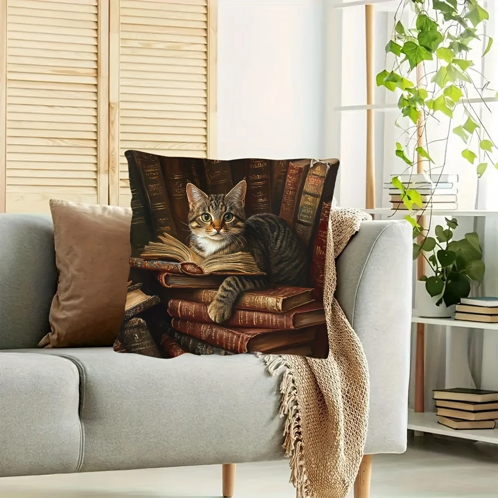 1pc Library Cat Reading Book Pillow Cover, Polyester 2D Double-Sided Print, Vintage Tabby Cat Oil Painting, Book Lover Home & Ca
