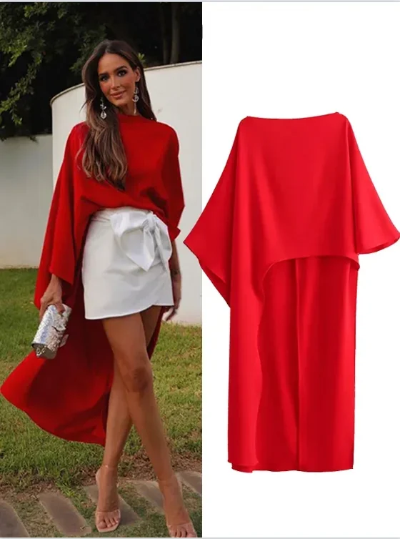 Asymmetric White Woman Blouse Cape Red Long Blouse For Women Streetwear Beach Elegant Blouses Summer Loose Blouses Woman