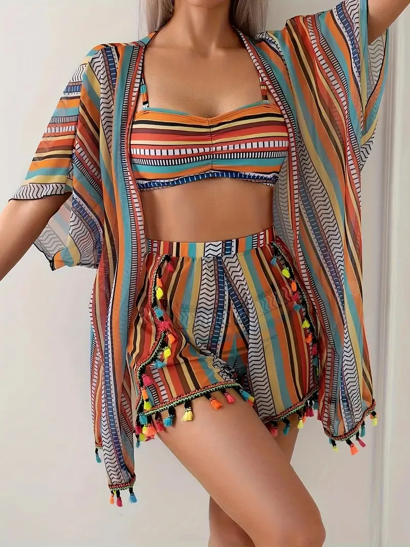 

Qx 2025 New Three-piece Holiday Striped Elegant Vest Suspender Jacket And Wide-leg Shorts Suit For Women