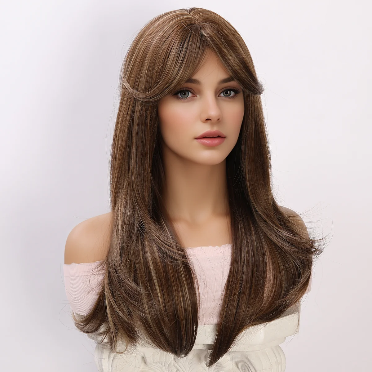 

Synthetic Fiber Party Wig Dark Brown Gradient Highlight Dyeing Daily Microfilament Curly Hair Imported High-Temperature Silk