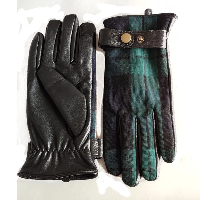 Men's Autumn Winter Thicken Warm Natural Leather Green Plaid Glove Female Fashion Genuine Leather Touchscreen Driving Glove R615