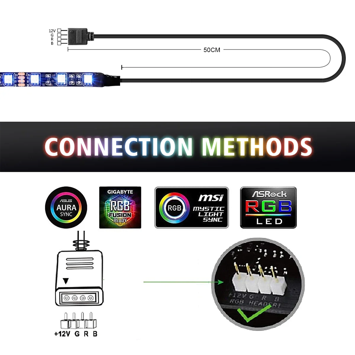 RGB Gaming 5050 LED Strip Light RGB Branch Line for 12V Aura Sync Motherboard Control PC Computer Case 0.5M- 2M 4 Pin RGB-Header