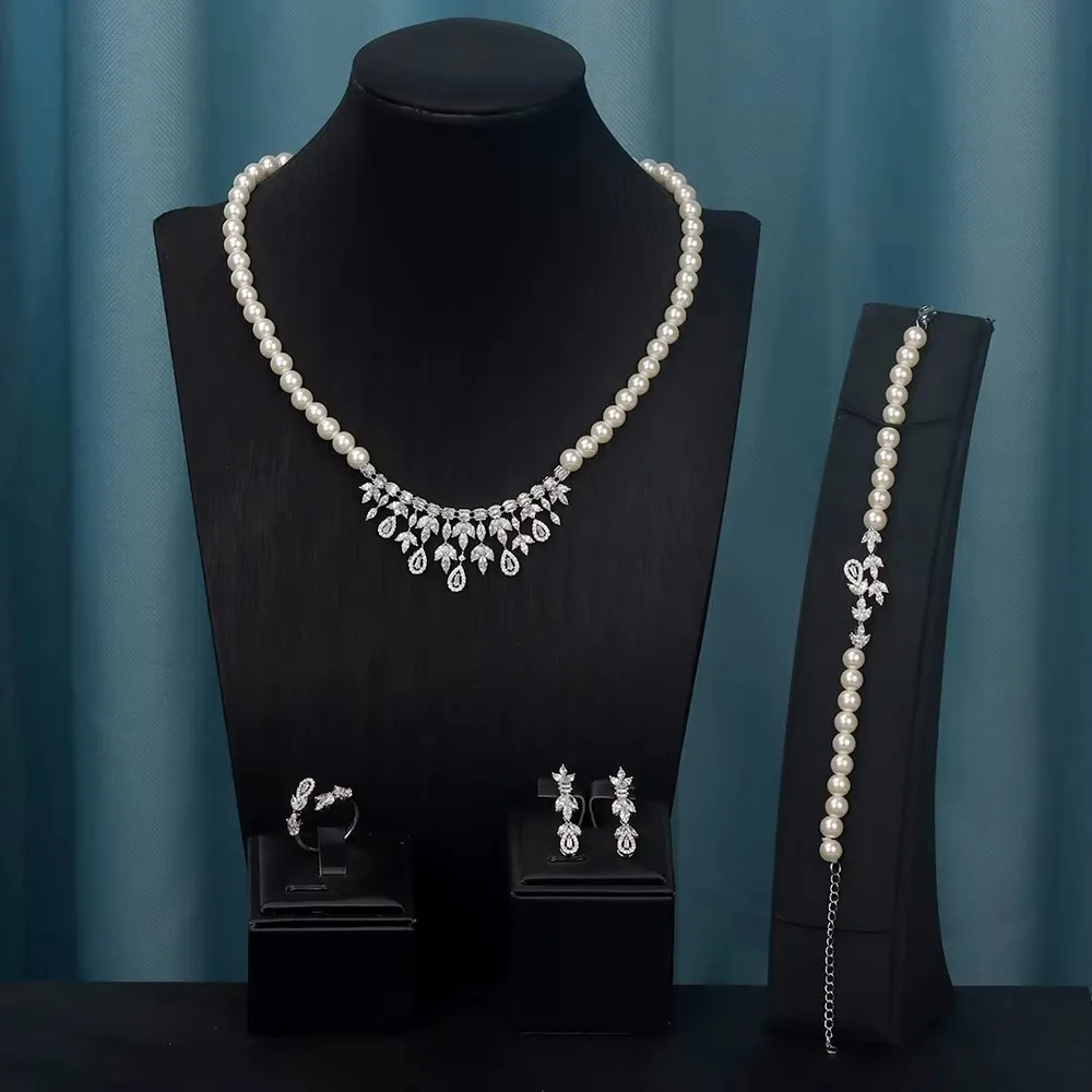 

2024 Trendy Pearl Tassel 40cm Necklace Earring Bracelets 4PCS For Women Wedding Party Full Zircon Dubai Bridal Jewelry Set Gift