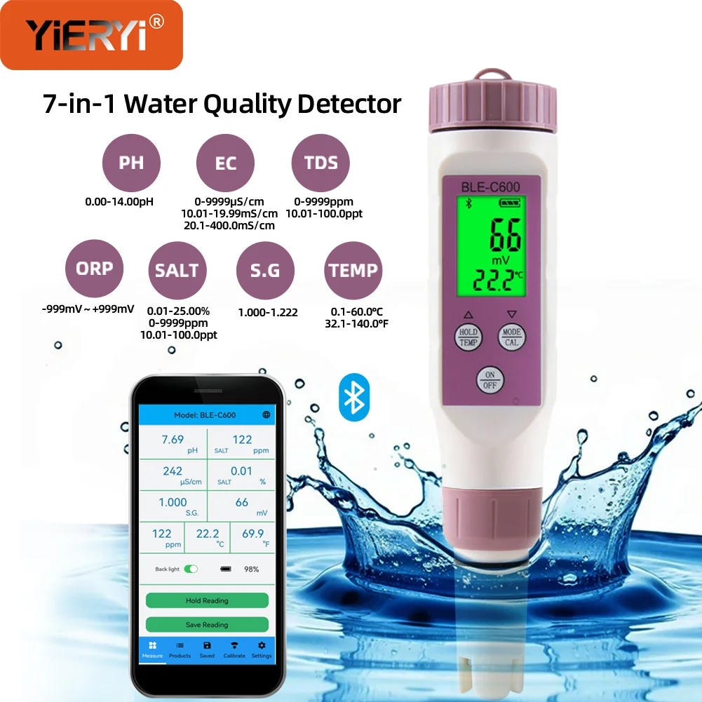YIERYI TDS Meter for Drinking Water Bluetooth PH ORP Tester with App High-Precision Digital Liquid Analyzer for Home Aquarium