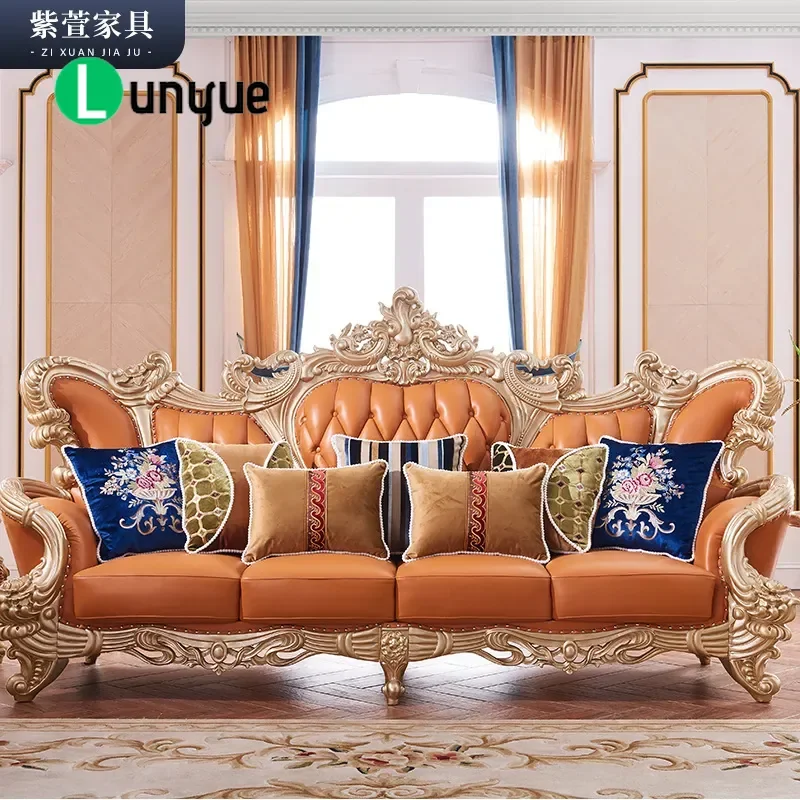 Large American Carved Solid Wood Sofa with First Layer Cowhide Leather Fashionable Furniture for Villa Hotel Leisure Club