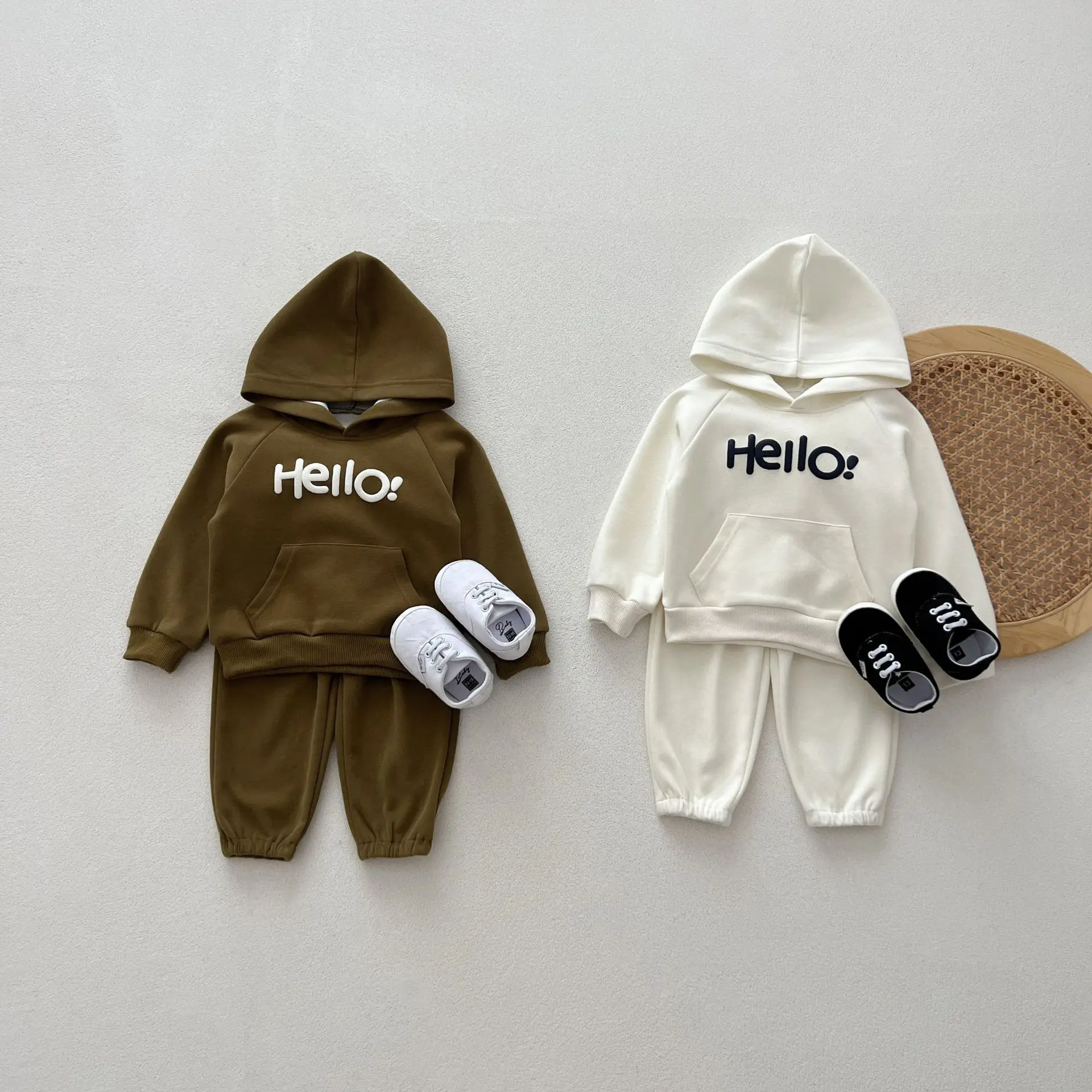 2024 Korean Autumn Baby Boys 2PCS Clothes Set Cotton Pocket Letter Hoodies Solid Jogger Pants Suit Toddler Boys Outfits