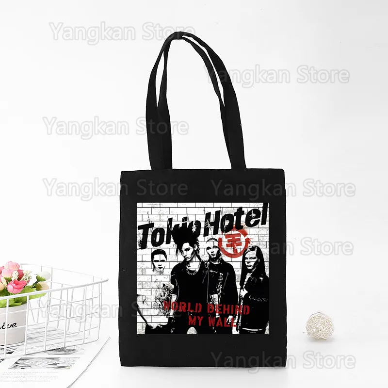 Rock Band Tokio Hotel Music Harajuku Canvas Tote Black Bags Harajuku Casual Female Girl Tote Eco Shopper Shoulder Bags