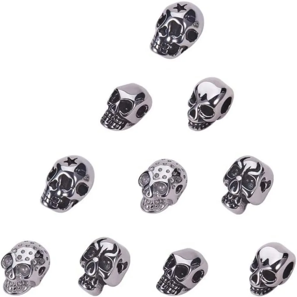 10pcs 5 Styles Skull Beads Stainless Steel Beads Skull Loose Skeleton Spacer Halloween for Jewelry making kit