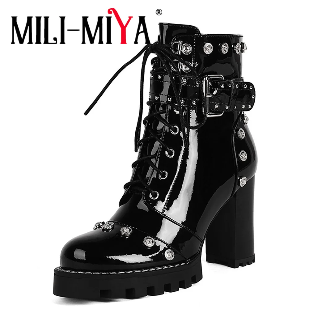 

MILI-MIYA Fashion Rivet Women Cow Leather Ankle Boots Round Toe Thick Heels Solid Color Zippers Plus Size 34-42 Handmade