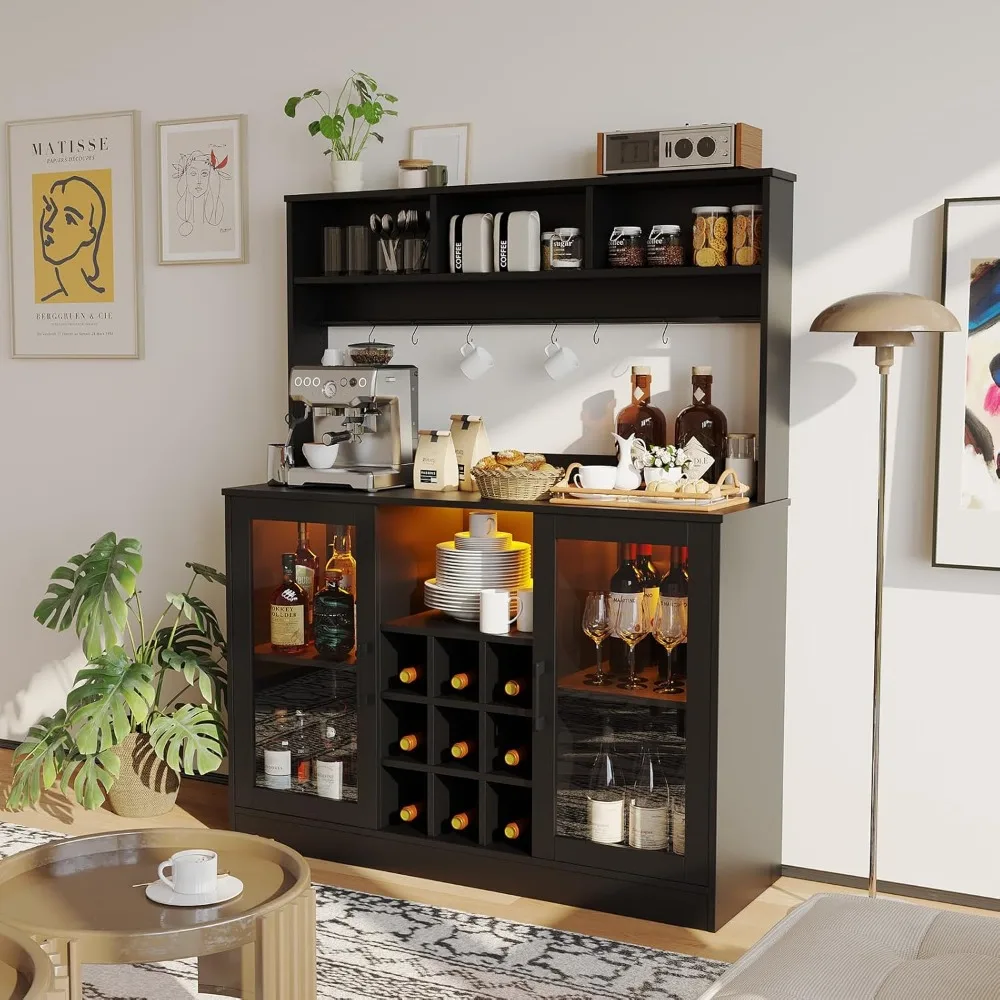 와인 바 캐비닛, LED 조명이 있는 와인 캐비닛, 수납 공간이 있는 주류 캐비닛, 전원 소켓, 조절 가능한 선반, 모던 홈 와인