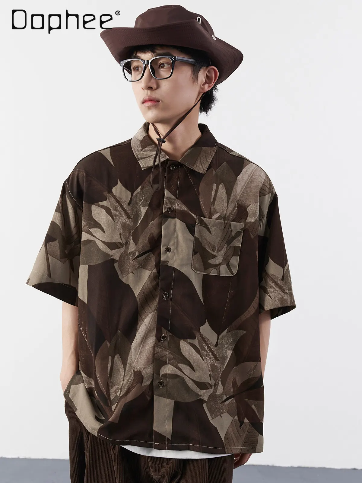 

Spring Summer New Men's Vintage Hawaiian Leaf Print Short Sleeve Shirt Loose Casual Daily Black Brown Streetwear Blouse