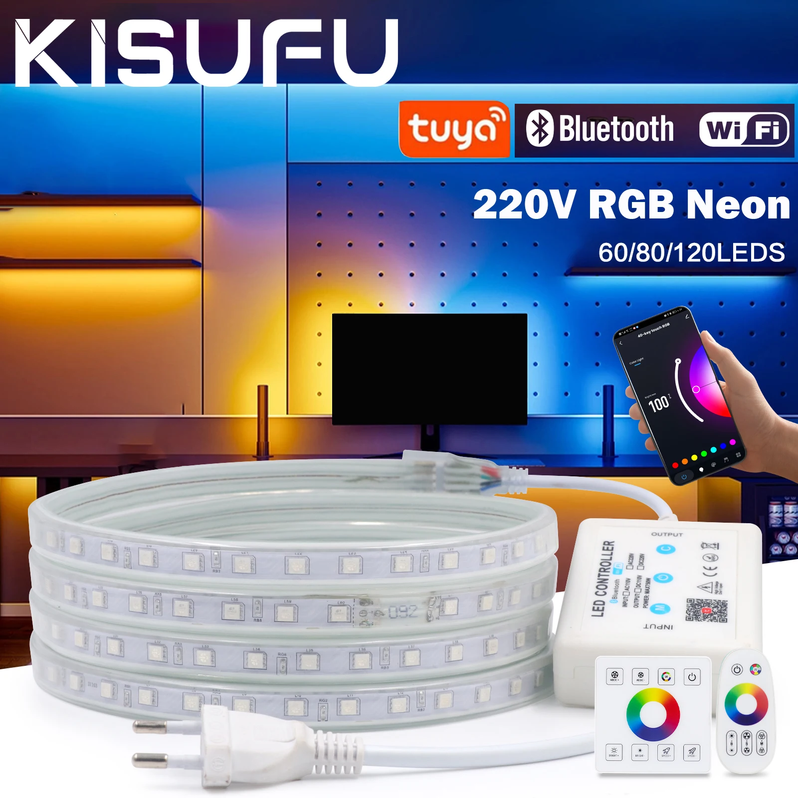 

5050 RGB LED Neon Strip Light 220V-240V Waterproof Flexible RGB Ribbon Tape Bluetooth Tuya WiFi RF Control Indoor/Outdoor Decor