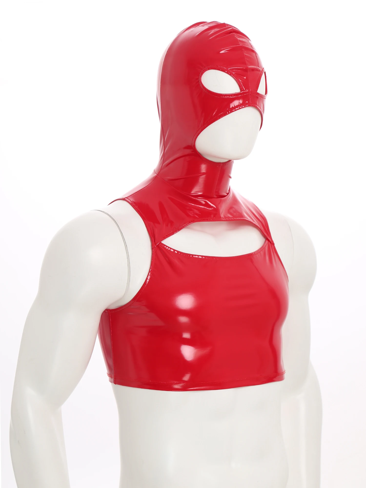 Männer Stilvolle Maske Mit Kapuze Crop Tops Glänzend Nabel Ausgesetzt Mini Tank Top für Raves Party Halloween Party Raves Cosplay Crop Tops