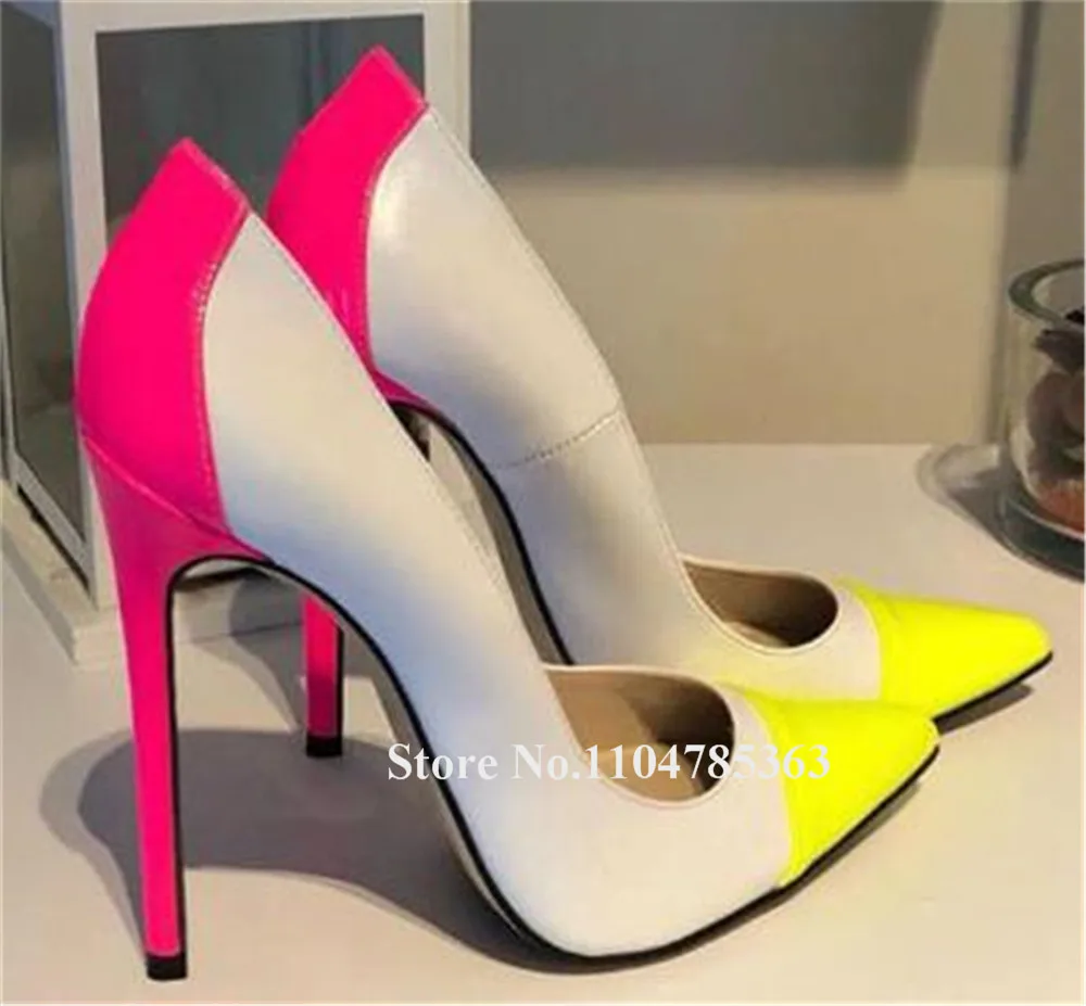 

Classical Style Patchwork Leather Stiletto Heel Pumps Pointed Toe Slip-on Mixed-colors Thin Heel Party Heels Big SIze 47