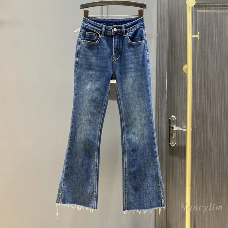 

2024 Autumn Skinny Blue Jeans for Women New High Waist Casual Burr Edge Micro Flared Pants Female Slim Elastic Denim Trousers